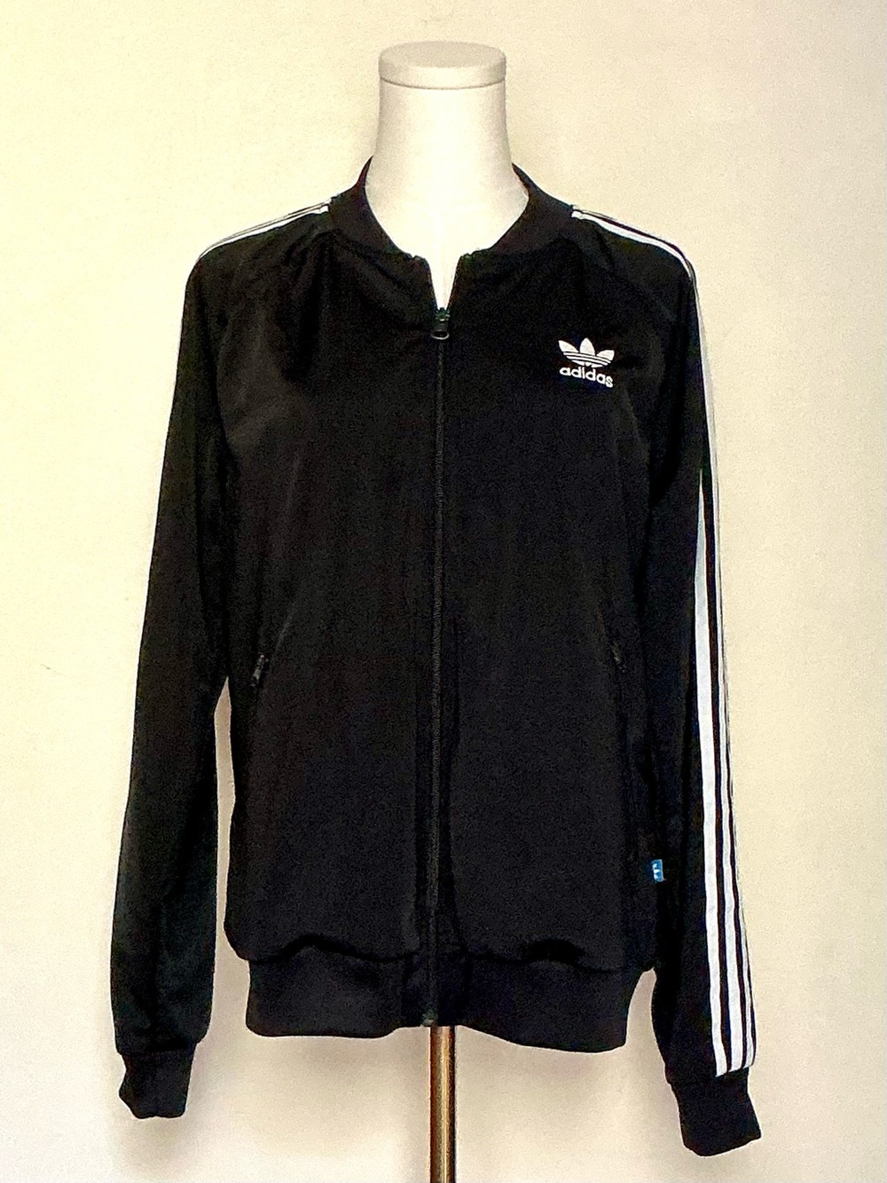 Adidas Classic Black Track Jacket White Three Stripes Embroidered Chest Sz L